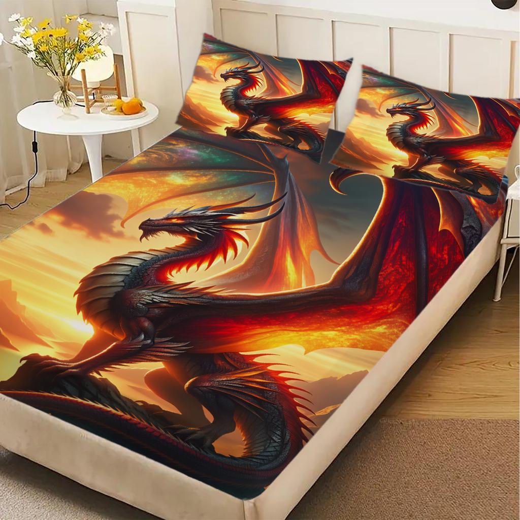 3pcs Fitted Sheet Set Dragon 3D Printed Fire Dragon Breathable Anti-Slip Easy Care Bed Sheet With Pillowcases For Bedroom Decor