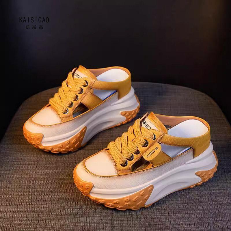 

New slope heel slippers women s 2025 new summer breathable mesh thick bottom inner height increase casual sandals Internet celebrity versatile 34 жёлтый