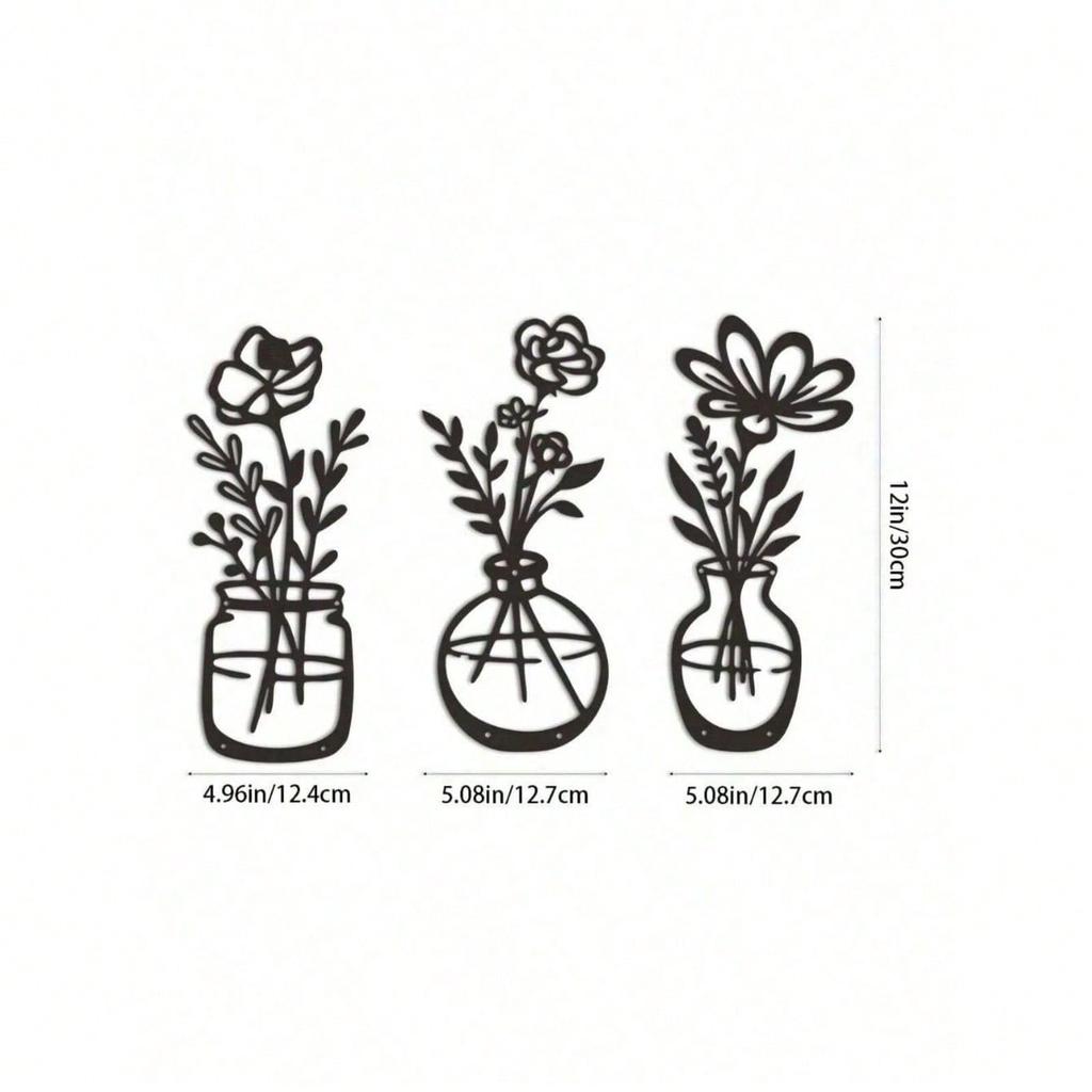 1-3 Pcs Modern Black Metal Flower Wall Art With Vase, Minimalist Waterproof Decor