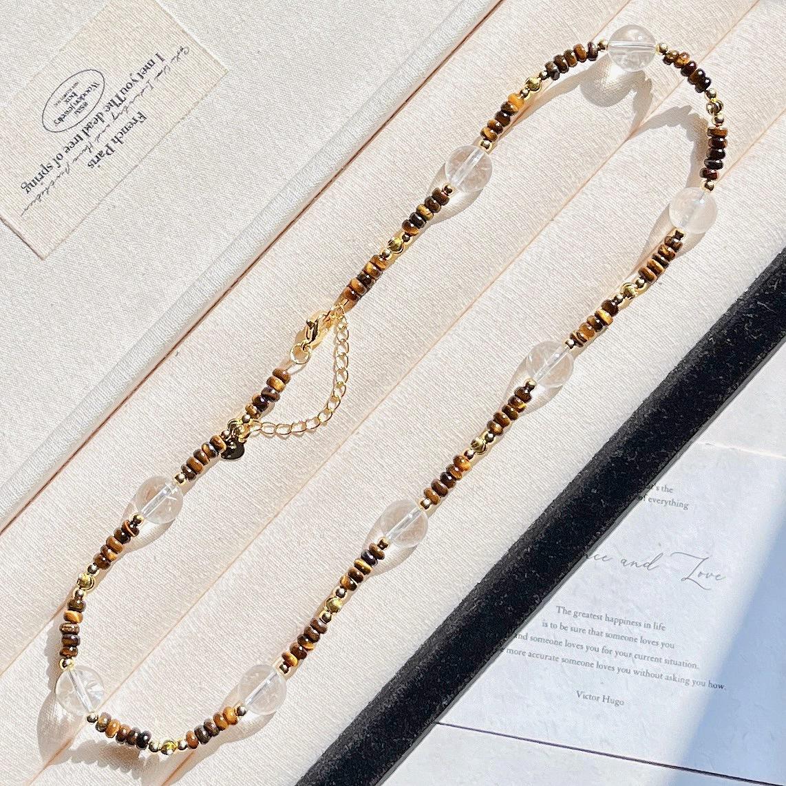 

Autumn And Winter Merad Wind Natural Tiger S Eye Stone White Crystal Sweater Chain Necklace Collarbone Chain