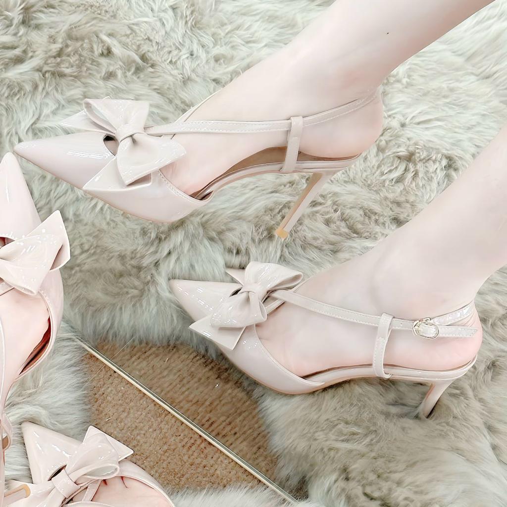 Spot 25H7 bow bag head sandals women's 2025 new pointed cross strap high heels stiletto temperament sweet