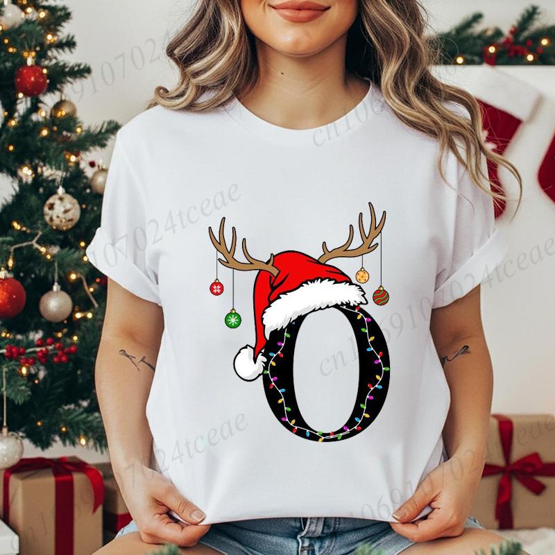 Fashion Christmas Alphabet Santa Reindeer Print T-Shirts Fashion Clothing Short Sleeve T-shirt Christmas Party Trend Women Tops