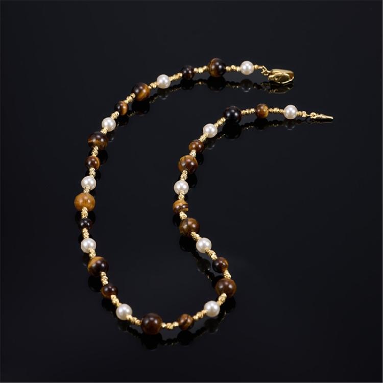 Stylish Tigers Eye Bead Necklace With Round Pearls Professional Craftsmanship Sturdy Hand strung Beaded Necklace