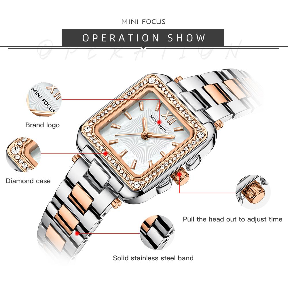 MINIFOCUS Women's Light Luxury Watch with Square Case Mother-of-Pearl Dial Stainless Steel Strap Luminous Hands Relogios