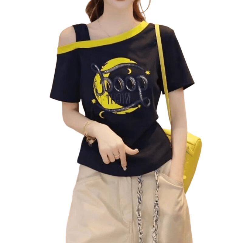 La Chapelle Women s Off-Shoulder Oblique Collar Short Sleeve T-shirt M