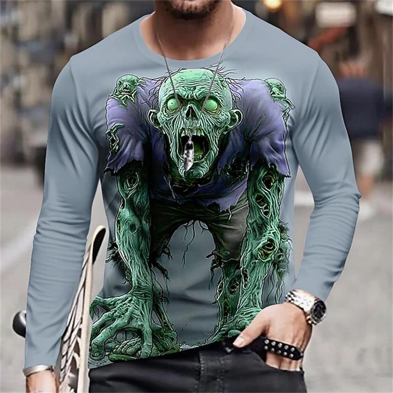 Monster Print Casual Men's Long-sleeved T-shirt Outdoor Vacation Round-neck Long-sleeved Spring and Autumn Clothing