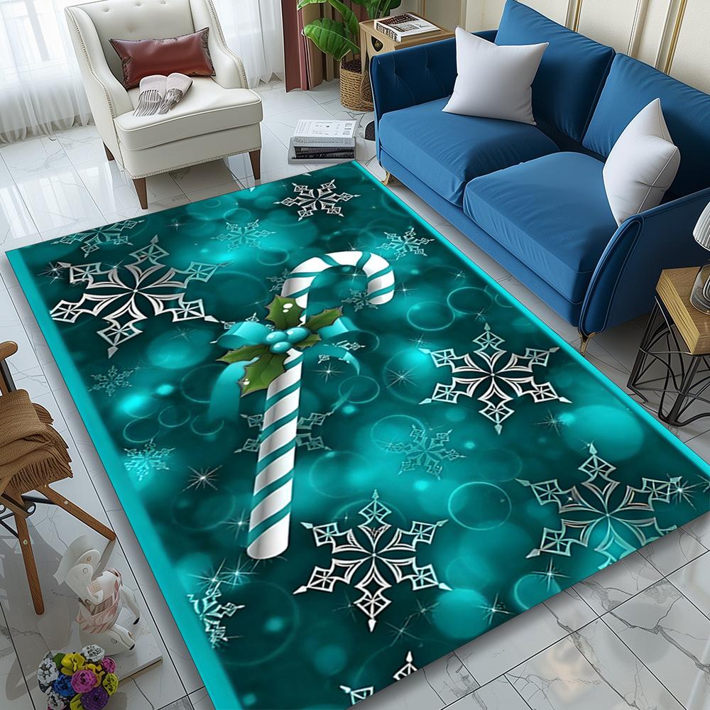 1pc Christmas Snowflake Area Rug - Soft Crystal Velvet, Teal Background with Candy Canes & Festive Snowflakes, Durable Polyester
