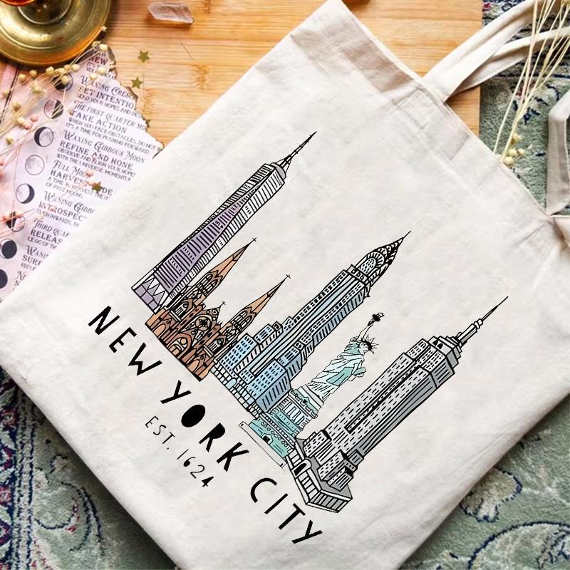 Fancy Style Studio New York City Empire State Building Vrijheidsbeeld Chrysler Natuurlijke Canvas Tas Zeefdruk Katoenen Meelzak Grappige Tote Bag gray