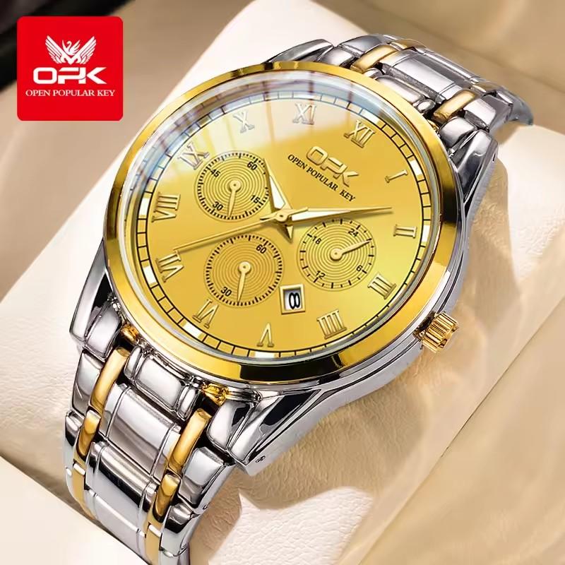OPK 8119 Dual Calendar Men's Quartz Watch Waterproof Luminous Stainless Steel Wristwatch with Stainless Steel Band for Men