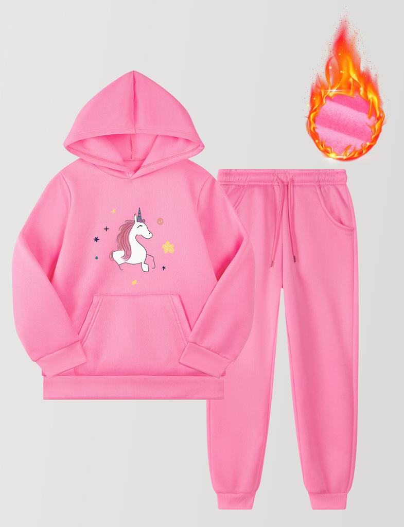 New Fashion Girls 2-piece Set Hooded Pullover Sweatshirt & Sweatpants Cartoon Unicorn Print Casual Fleece Lined Warm Sports Outfits For Autumn/ Winter