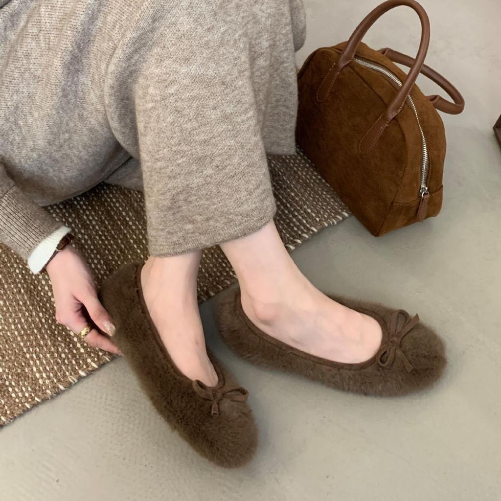 2025 podzim a zima nové hranaté norkové chmýří fleece mašle silná podrážka balerínky dámské jednoduché boty plochá podrážka