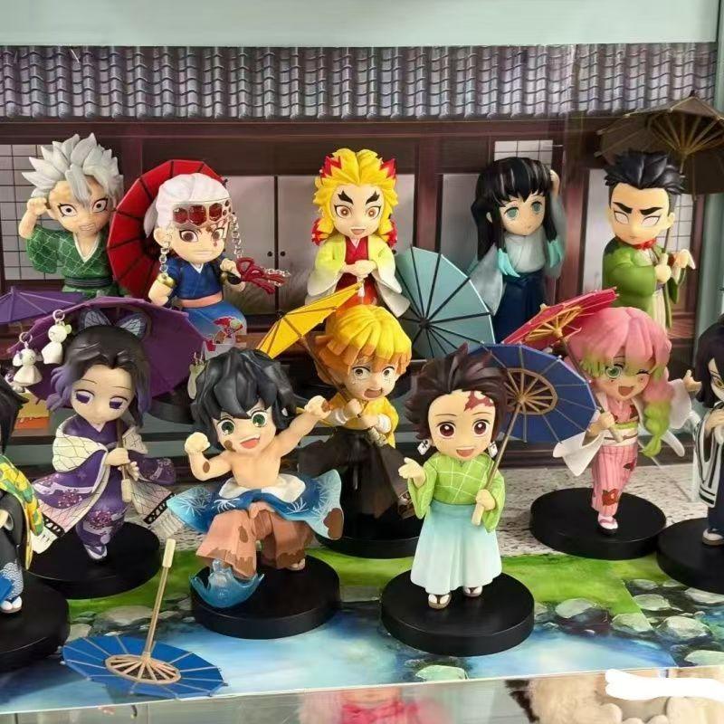 Anime Demon Slayer Summer Festival Yukata Figure Kimetsu No Yaiba Collectible Model With Umbrella PVC Statue Toys Gift for Fans