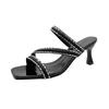 2025 summer new rhinestone one-word high-heeled slippers women's casual square head open-toed stiletto fairy wind slippers