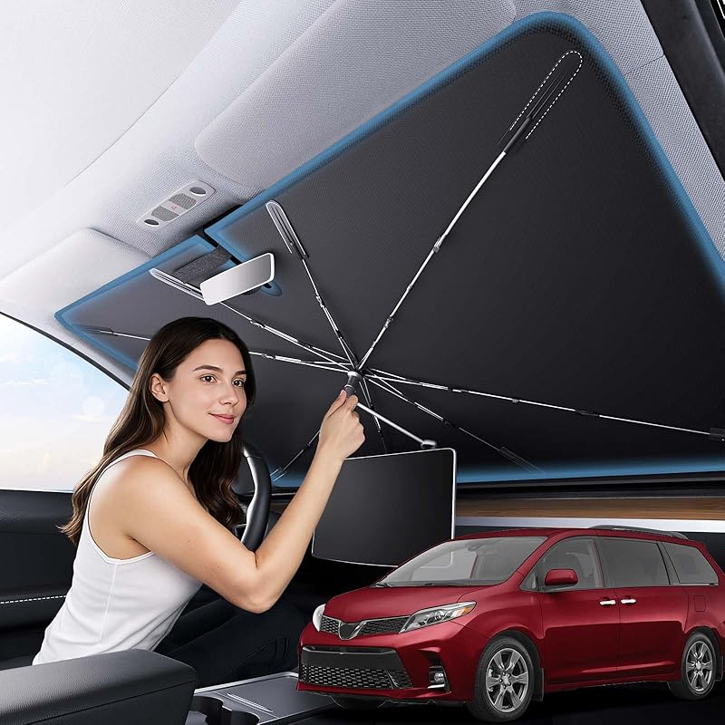 Zanch 2025 Upgraded Car Windshield Sun Shade [Cool Down By 75℉ ] With Heat Ulation Coating, Foldable Sunshade Umbrella With Flexible Handle & Ribs,