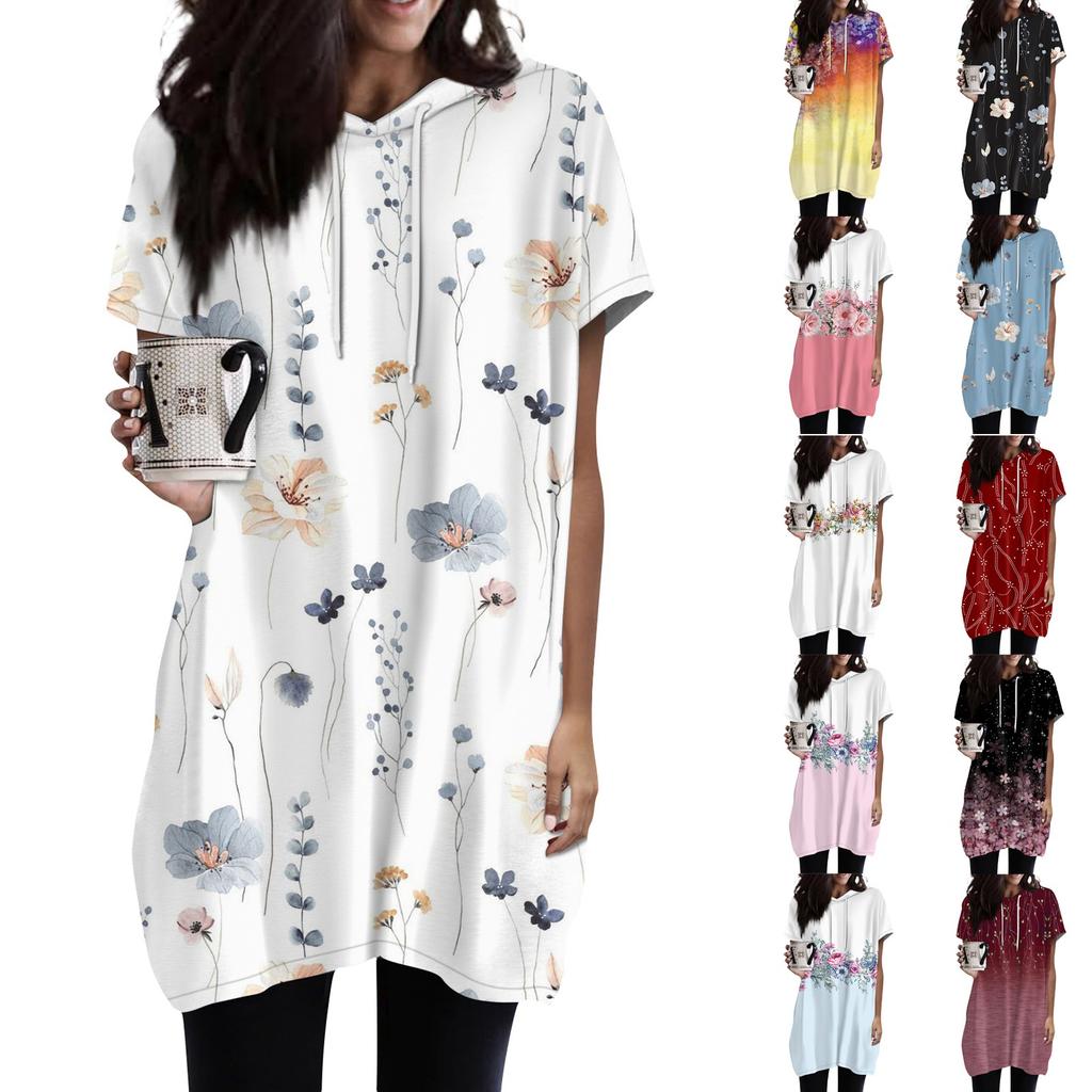 Women's Hoodies Casual Short Sleeve Shirts Fashion Print Tunic Tops With Pockets