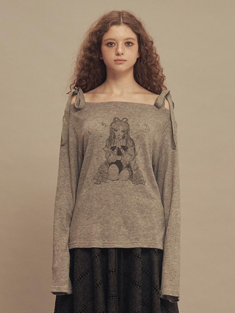 SETSETSET Water Lily Pattern Ribbon Knit Top Melange Gray