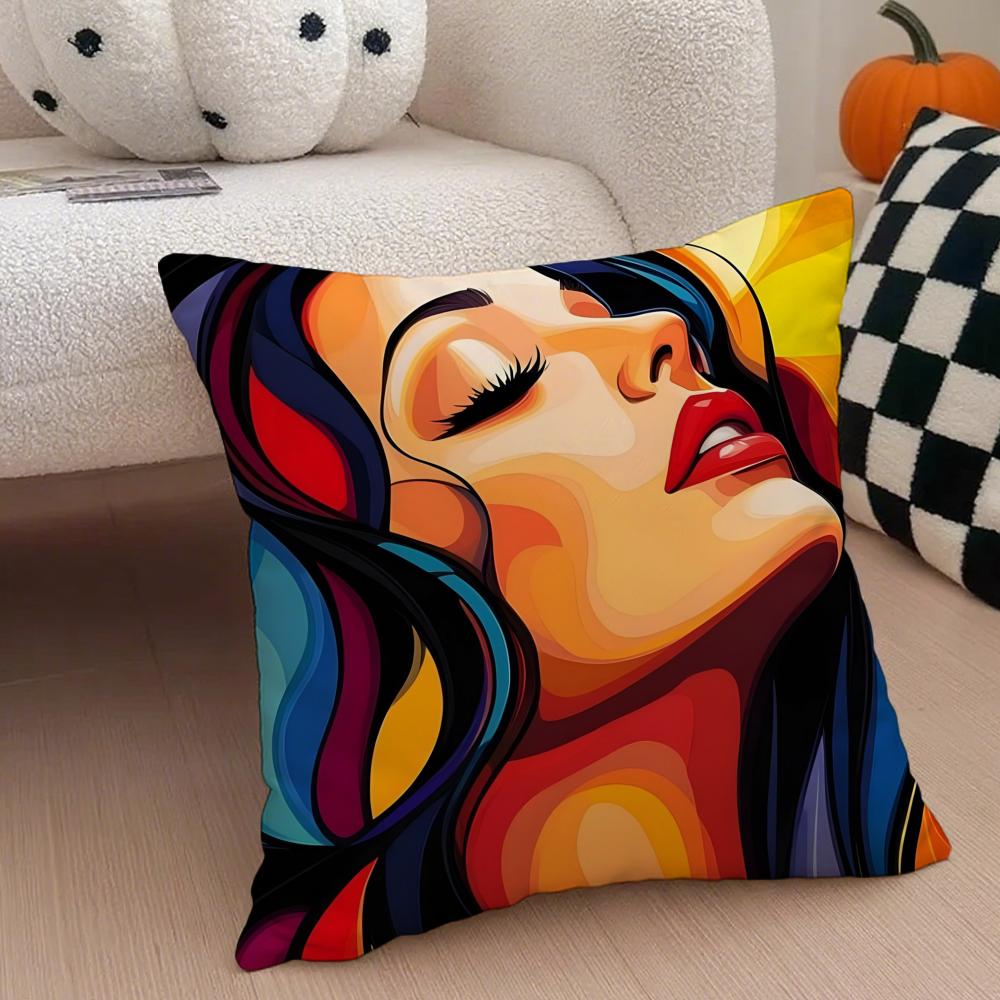 Square Bright Color Flower Girl Art Cushion Cover Throw Pillow Cover Hidden Button Durable Polyester Chair Cushion