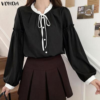 Women Casual Lace-up Neck Long Sleeve Stitching Solid Color Loose Blouse