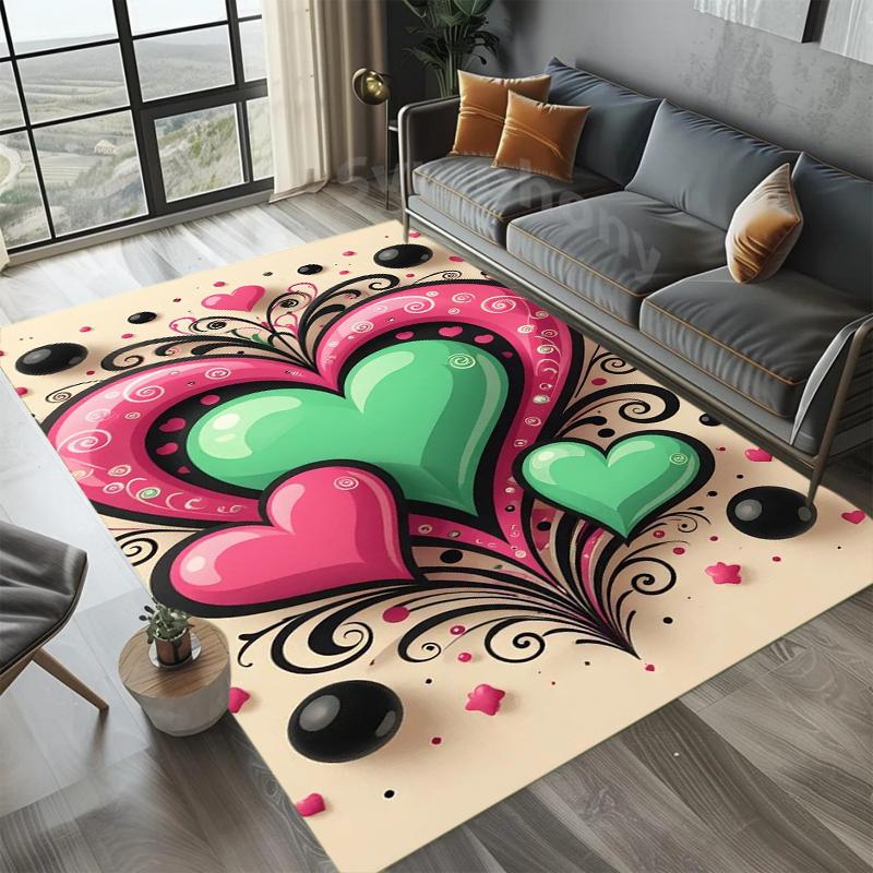 Retro Pop Art Romantic Love Heart Carpet Vibrant Color Block Design Soft Anti-slip Rug Artistic Home Decor Mat for Living Room