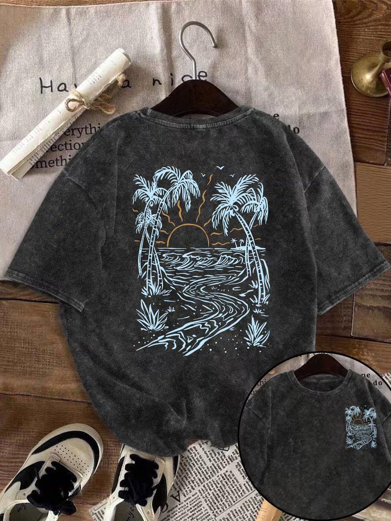 

Vintage Washed Sun Salt Sand Beach Palm Tree Graphic TShirt Retro Summer Coastal Vacation Short Sleeve Casual Soft Tops S