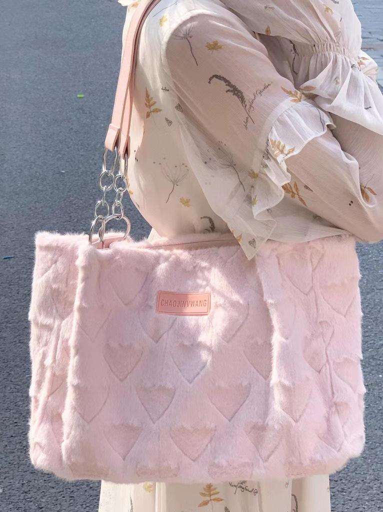 Women's Large Capacity Plush Tote: Autumn/Winter Japanese Korean Style, Casual Commuting Fur Shoulder Bag