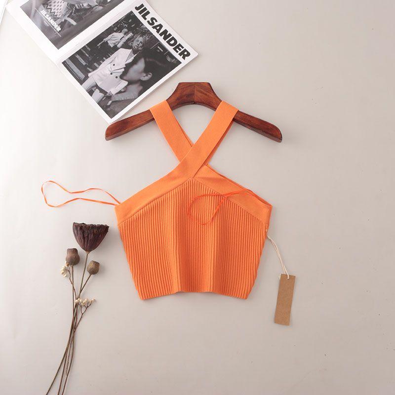 American Fashion Brand Cross Hanging Neck Cami Summer Rib Solid Sexy Short Knitted Top Women