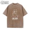 Mens Retro Distressed Pure Cotton Washed T Shirt With Creative Line Bear Print Fashionable Comfortable Crew Neck Short Sleeve