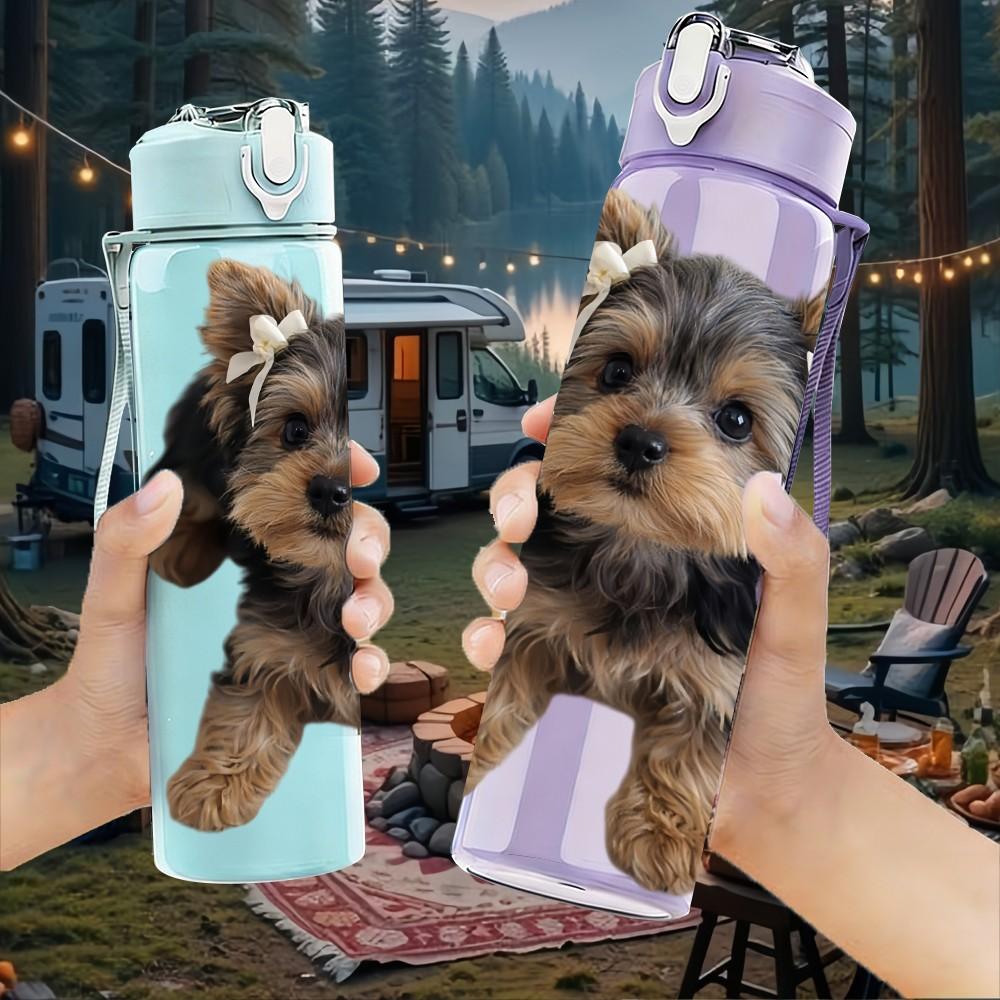 1PC Fluffy Faced Yorkie Puppy 750ml Color Plastic Sports Water Bottle Leakproof Flip Straw Lid Suitable for Sports Office Home Use