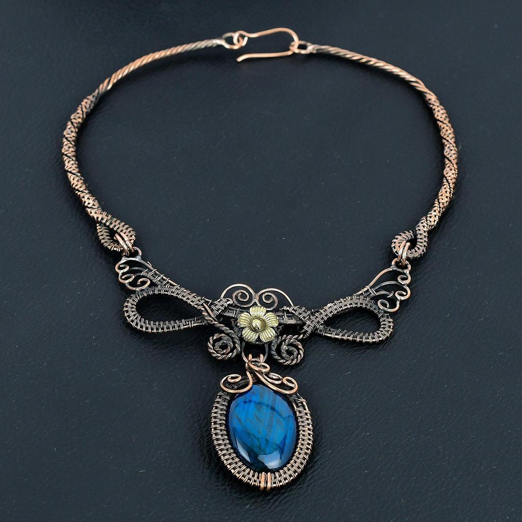 Neon Flash Labradorite Necklace Handmade Jewelry, 999 Copper Wire Wrapped Necklace Designer Gemstone Jewelry Adjustable Chain Necklace Gift For Mom