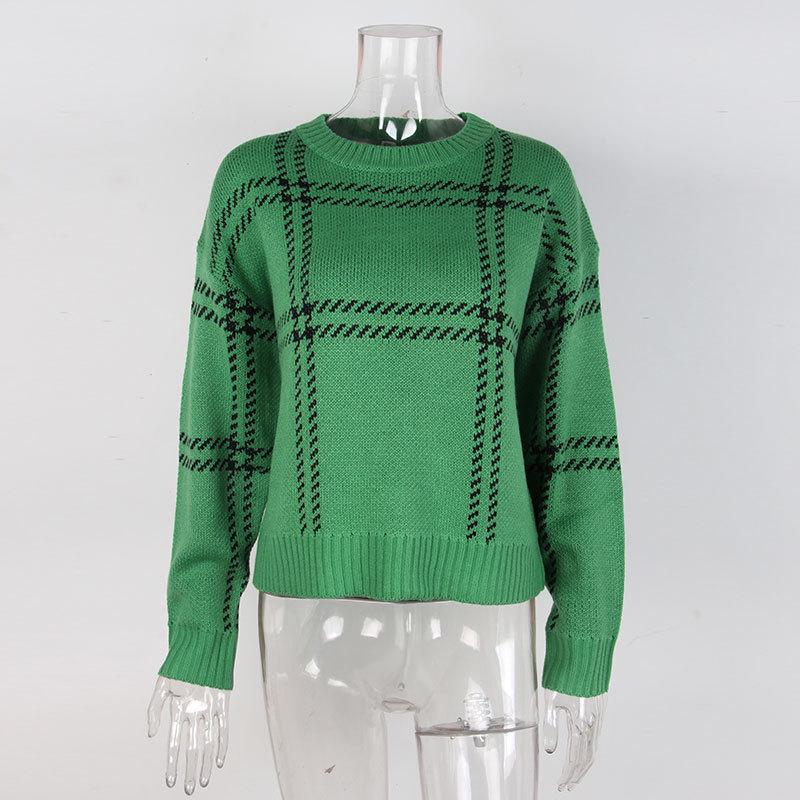Europäischer & Amerikanischer Karomuster Farbblock Rundhals Pullover Strickware für Damen - Herbst/Winter Stil