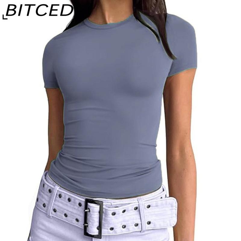 BITCED Damska koszulka z długim rękawem na lato: Stylowe topy z dekoltem O, dopasowane, do noszenia jako warstwa zewnętrzna