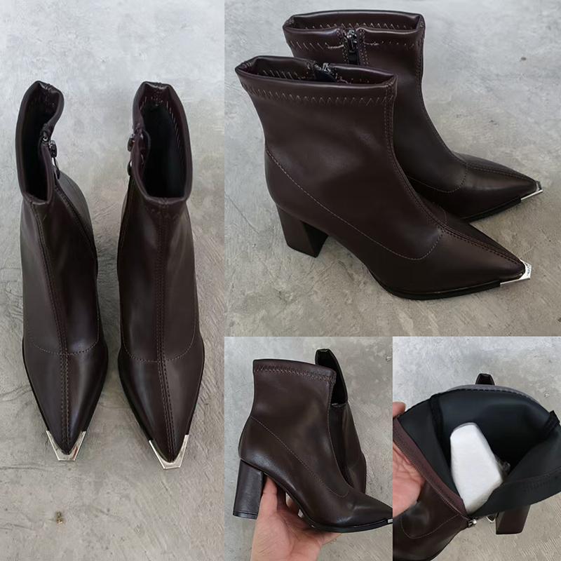 Fashion Brand Pu Black Ankle Boots 2025 Autumn French Retro Pointed Toe High Heel Chelsea Boots Metal Decoration Designer Short Booties