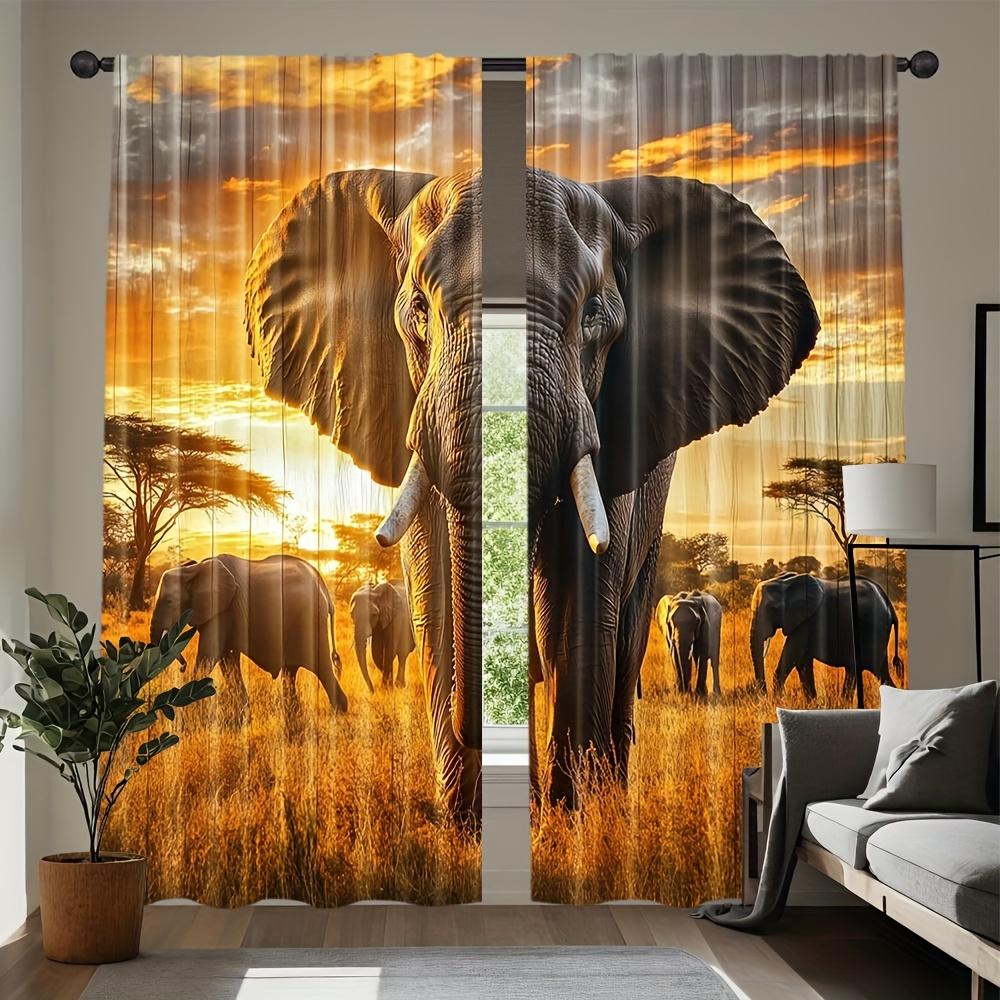 2PCS Animal Curtains, Elephant Grassland Sunset, Digital Print, Bedroom Living Room, Office, Kitchen, Window Treatment