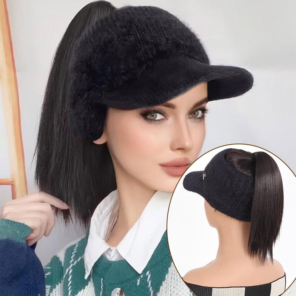 Synthetic Natural Straight Hair Ponytail Extension Wig Black Plush Shade Baseball Cap All-in-one Easy To Wear Hat Wig