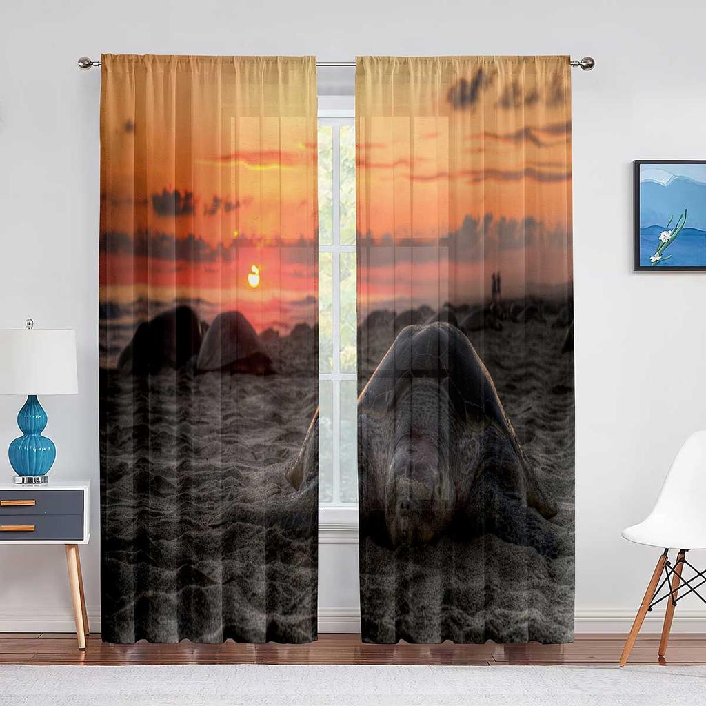 Cartoon Sea Turtle Tulle Curtains for Living Room Decoration Marine Animals Ink Blue Chiffon Sheer Voile Kitchen Bedroom Curtain
