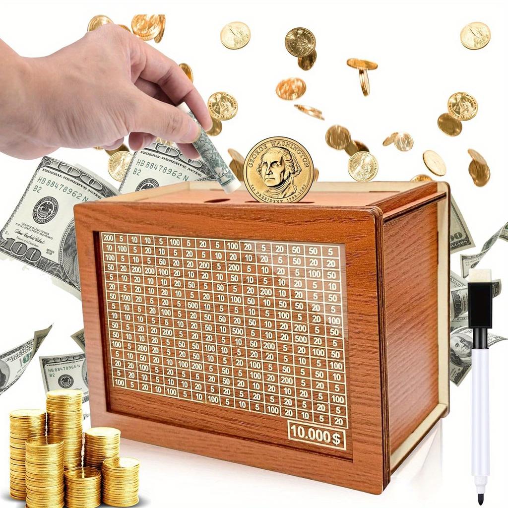 1pc DIY Wooden Piggy Bank with Savings Targets and Number,1000/5000/10000 Reusable Money Bank Suitable for Couples,elders,and Adults.