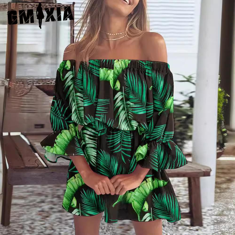 GMXIA Women's Fashion Summer Spring Solid Color Print 1/2 Sleeves One Shoulder High Waist Casual Dresses