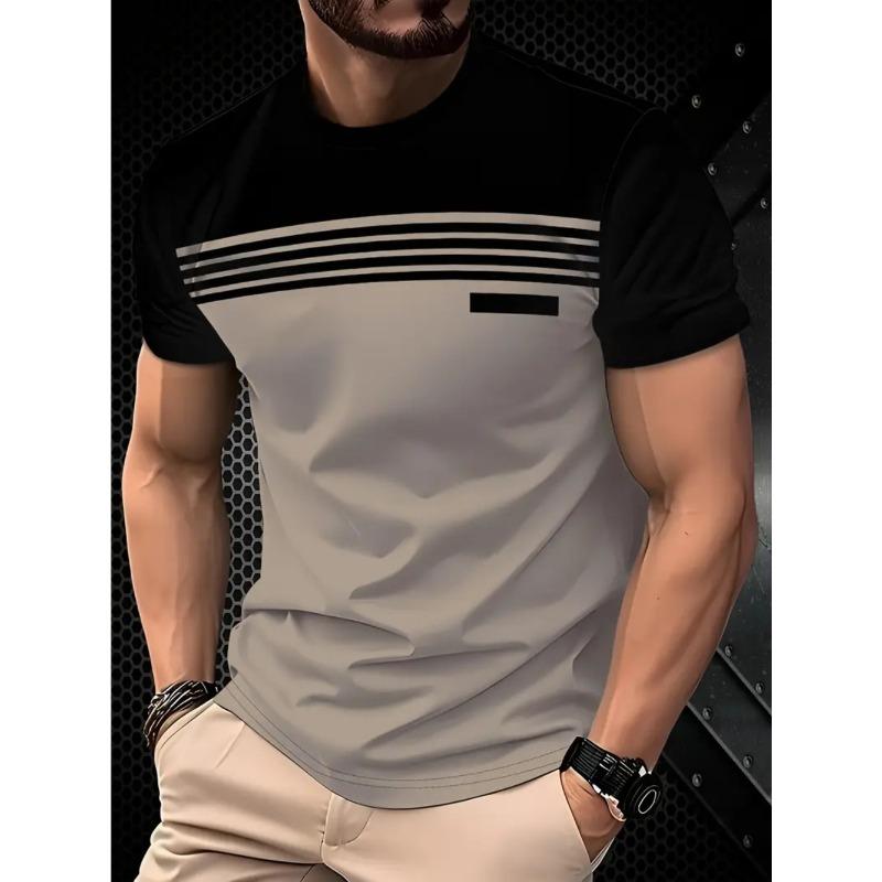

Men s Summer Casual Comfortable Stretch Plus Size 3D Striped Printed T-shirt- Soft Medium Stretch Polyester Fabric Summer Mens Relaxed Fit Clothing 2XL серый
