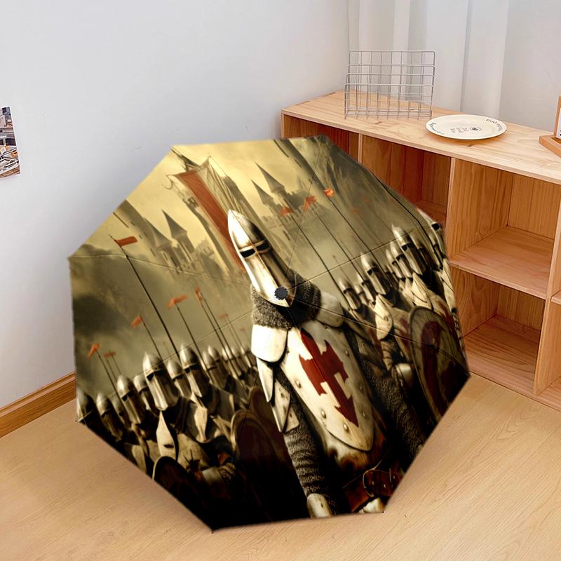 1PC Knightly Crusader Emblem Automatic Umbrella - Suitable Travel Outdoor Portable Umbrella Birthday Gift Daily Essentials