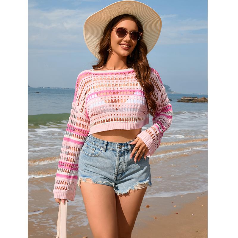 Spring/summer New Women's Cut-out Stripe Stitching Foreign Trade Sexy Bikini Beach Blouse