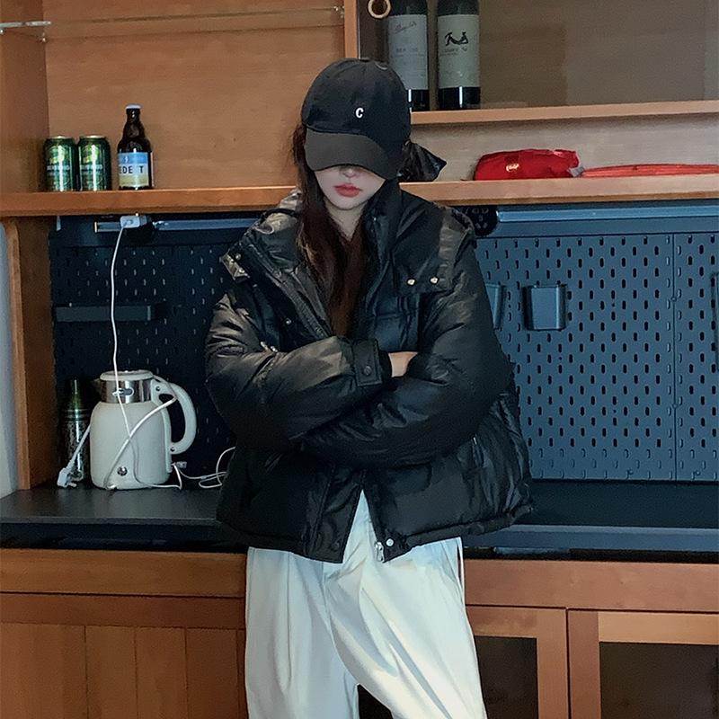 PU leather down cotton jacket women's 2025 autumn/winter short loose slimming thickened bread jacket cotton jacket