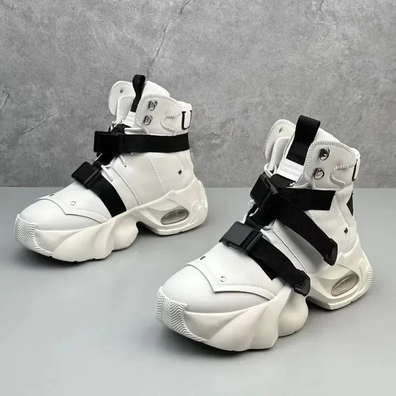 Men's High Top Thick Soled Height Increasing Comfort Waterproof Anti Slip Sports Shoes Buckle Belt Wear-resistant Boots