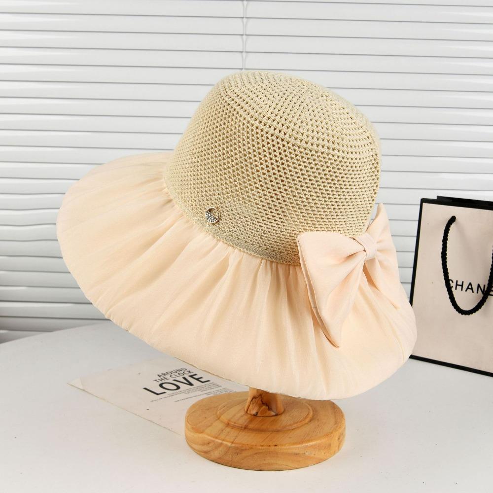 

Spring and summer new cloth hat splicing knitted sunscreen big edge hat travel sunshade beach hat Korean version bow foldable M（56-58cm） бежевый