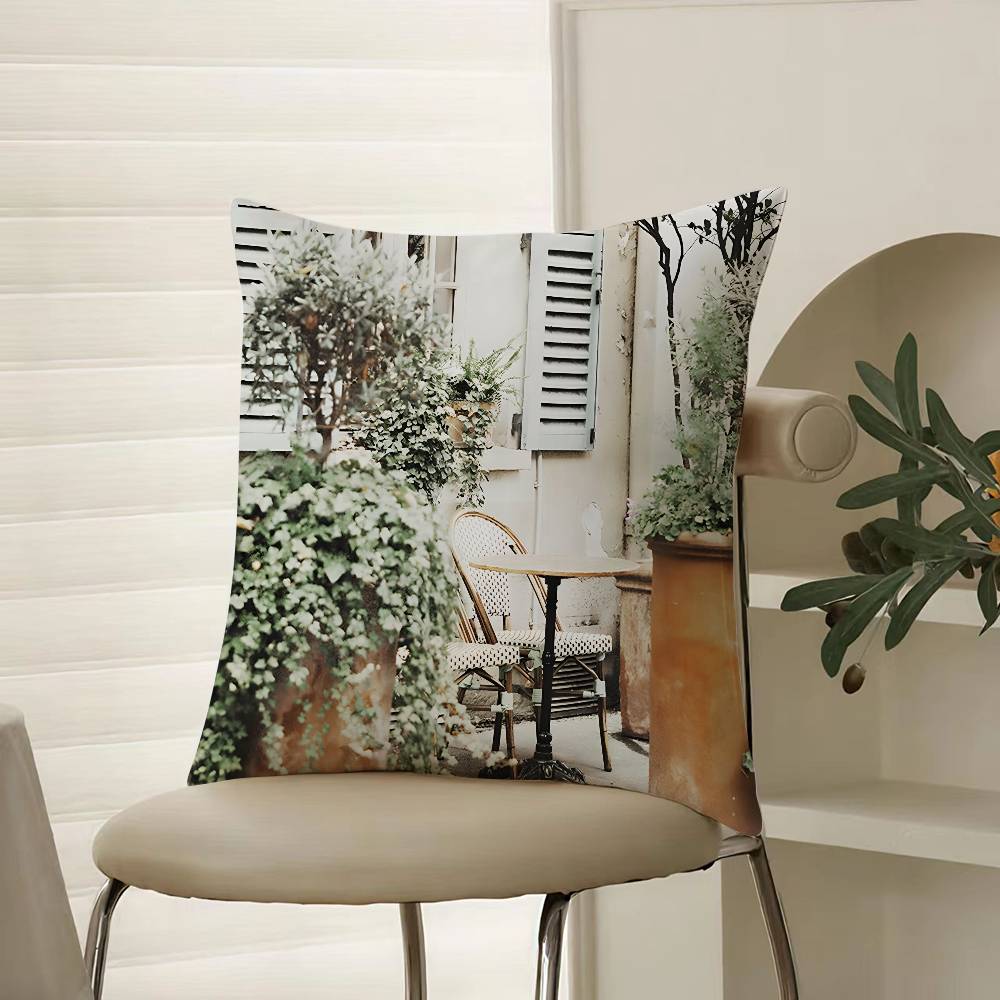 

City Spanish Beach Island Architecture Art Pillow Case Comfort Sofa Bed Silky elegant Invisible zipper Decorative cushion cover 12x12Inch