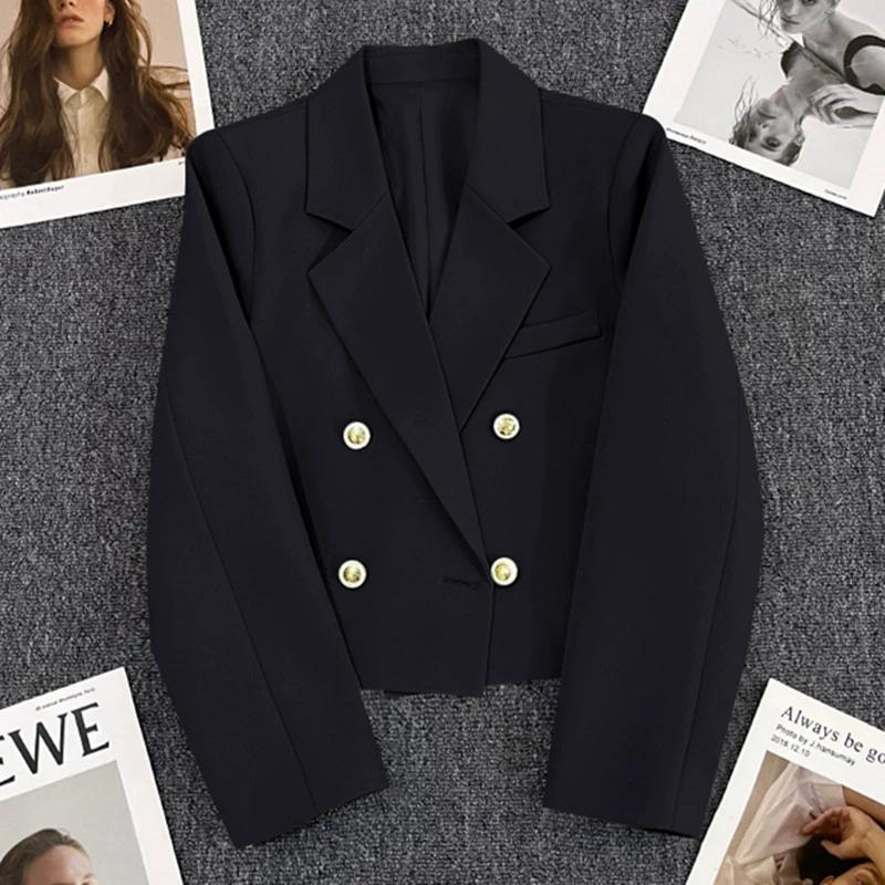 Spring Women Breasted Office Cropped Blazer Lapel Solid Color Long Sleeve Double Jacket Suit Coat