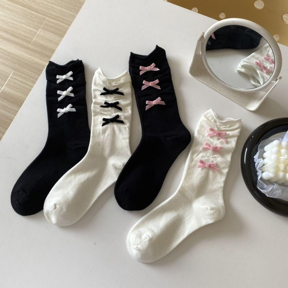 

Носки Bowknot Balletcore Cotton Socks JK Style для девочек, модные носки с бантом из ленты, весна/лето чёрный/белый