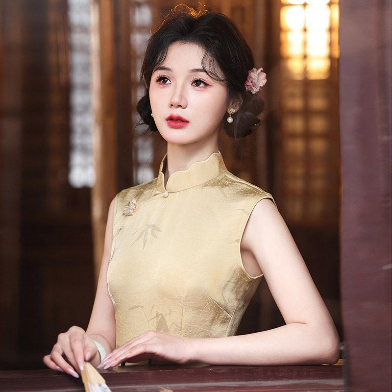 Yellow sleeveless national style new Chinese Suzhou long cheongsam improved young 1011 new women's high sense summer