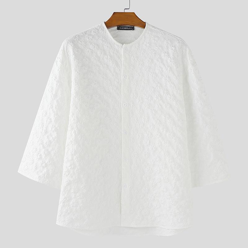 INCERUN Oversized Men Collarless 3/4 Sleeve Flowers Texture Casual Tunic Tops Shirts