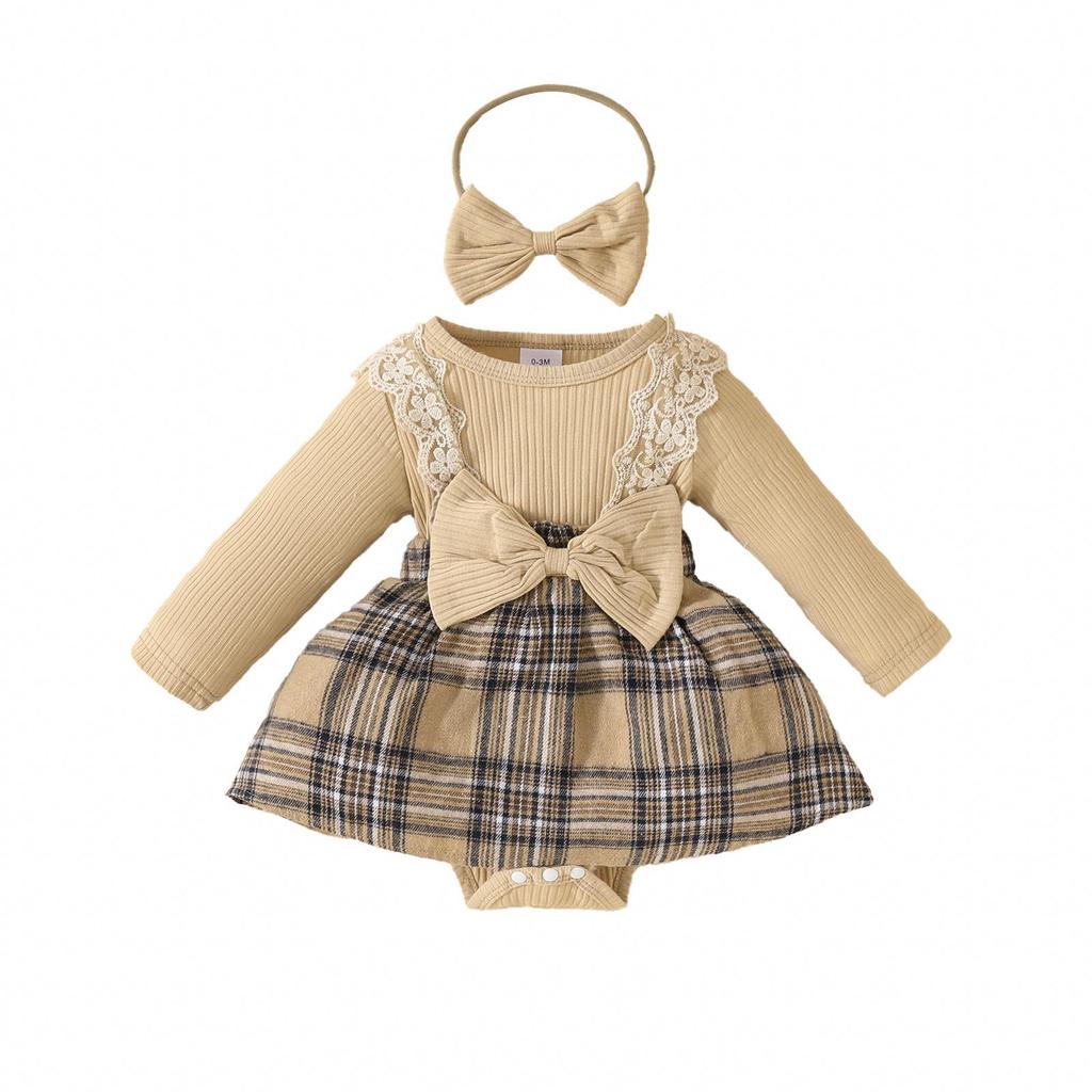 Baby Girls' Long Sleeve Lace Plaid Romper with Bowknot