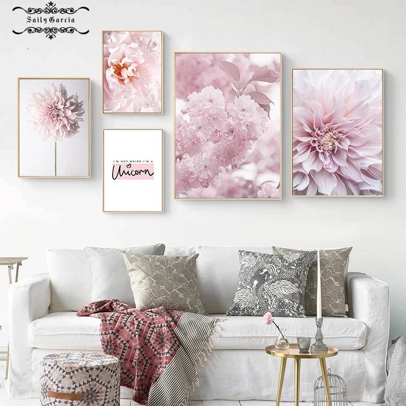 Nordic Minimalist Pink Flower Poster Peony Cherry Blossom Chrysanthemum Quotes Canvas Painting Wall Art Pictures for Home Decor